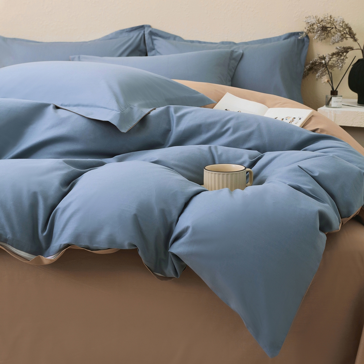 91家纺网 家纺一手货源 找家纺 小懒猪 2026新款13372A类双拼纯色全棉纯棉四件套 莱茵蓝-茶棕