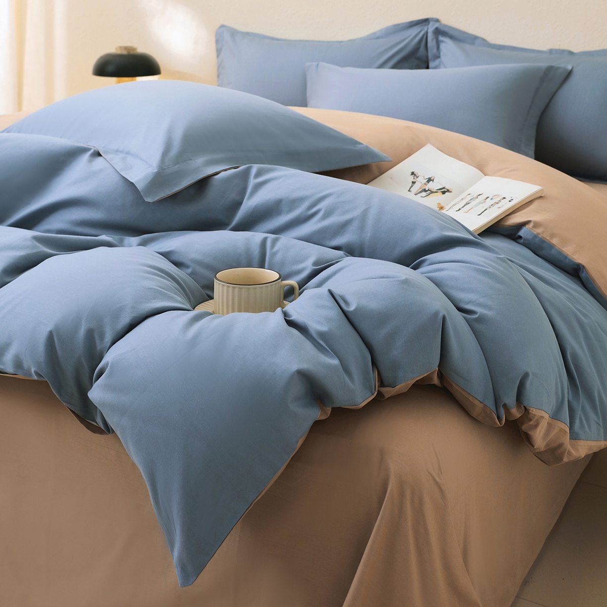 91家纺网 家纺一手货源 找家纺 小懒猪 2026新款13372A类双拼纯色全棉纯棉四件套 莱茵蓝-茶棕