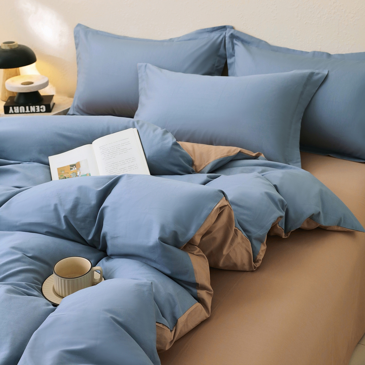 91家纺网 家纺一手货源 找家纺 小懒猪 2026新款13372A类双拼纯色全棉纯棉四件套 莱茵蓝-茶棕