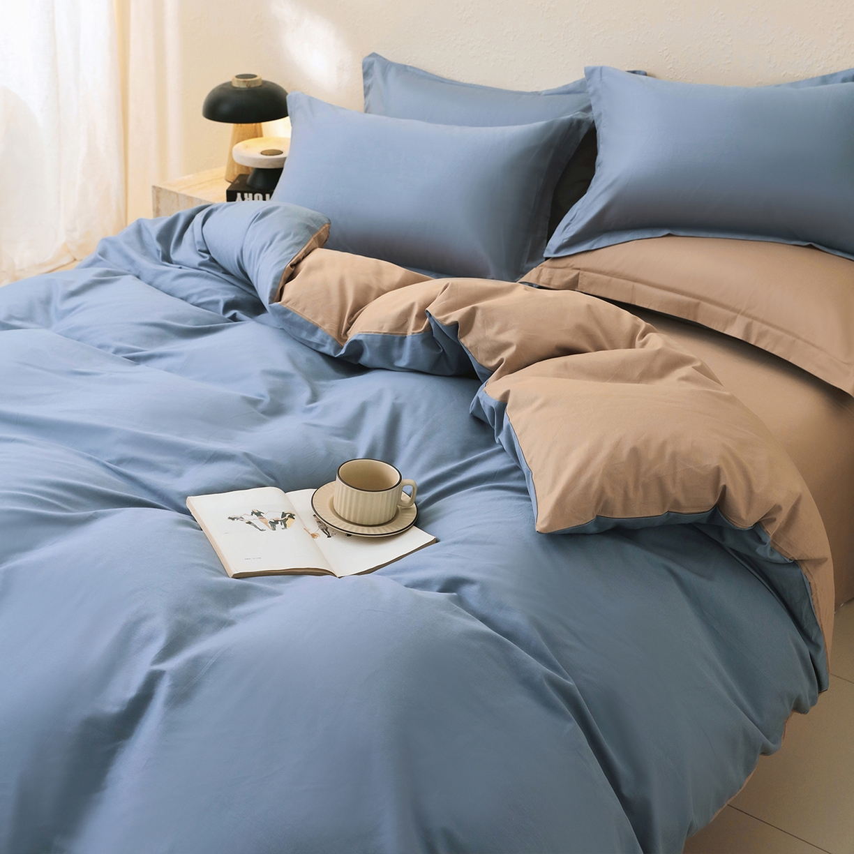 91家纺网 家纺一手货源 找家纺 小懒猪 2026新款13372A类双拼纯色全棉纯棉四件套 莱茵蓝-茶棕