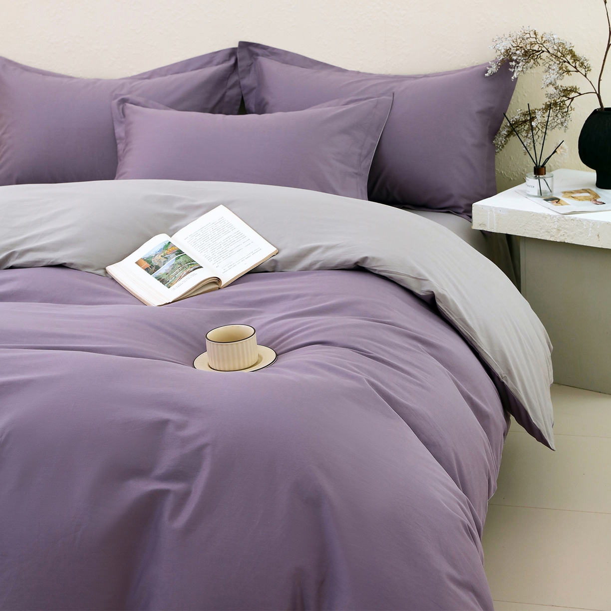 91家纺网 家纺一手货源 找家纺 小懒猪 2026新款13372A类双拼纯色全棉纯棉四件套 罗兰紫-椰子灰