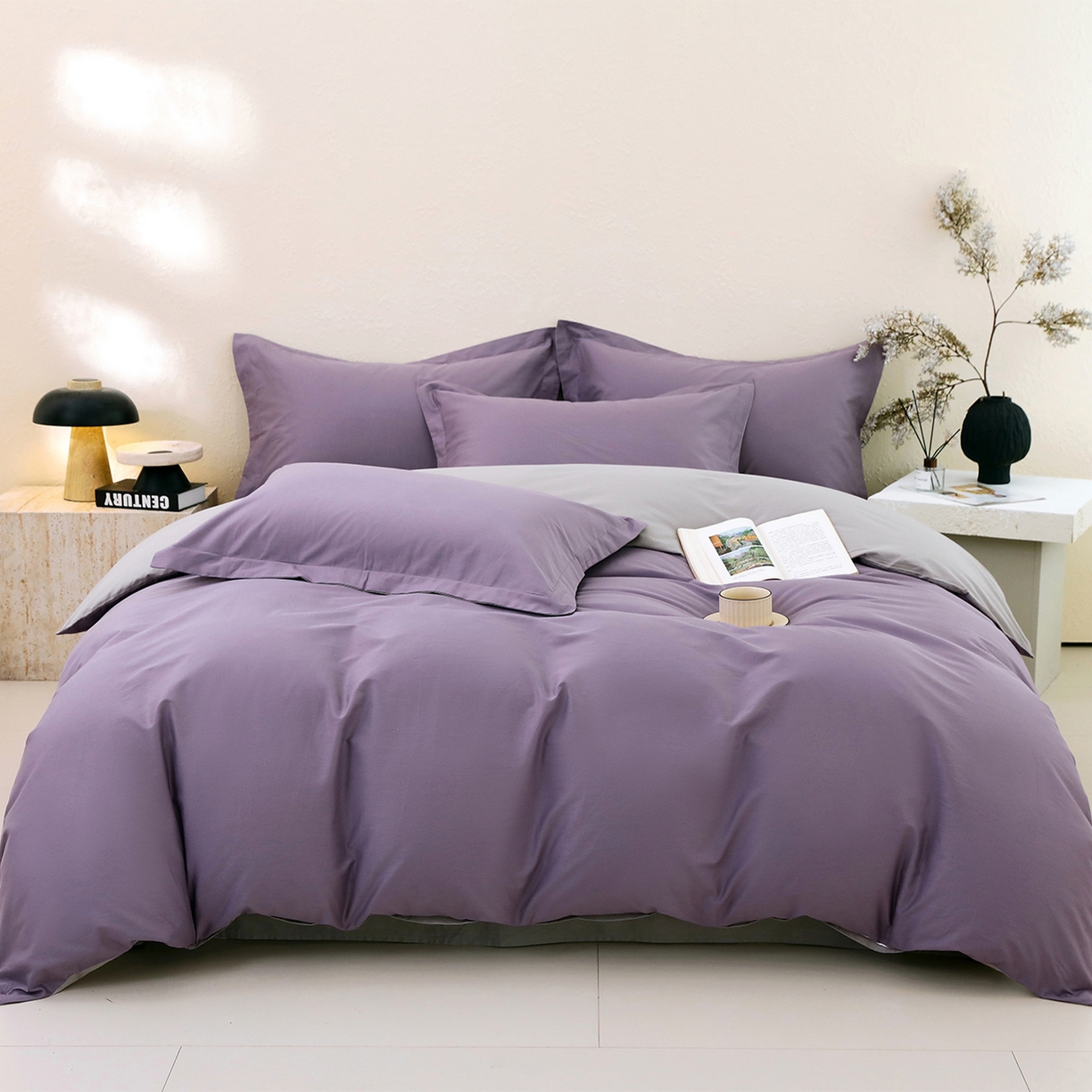 91家纺网 家纺一手货源 找家纺 小懒猪 2026新款13372A类双拼纯色全棉纯棉四件套 罗兰紫-椰子灰