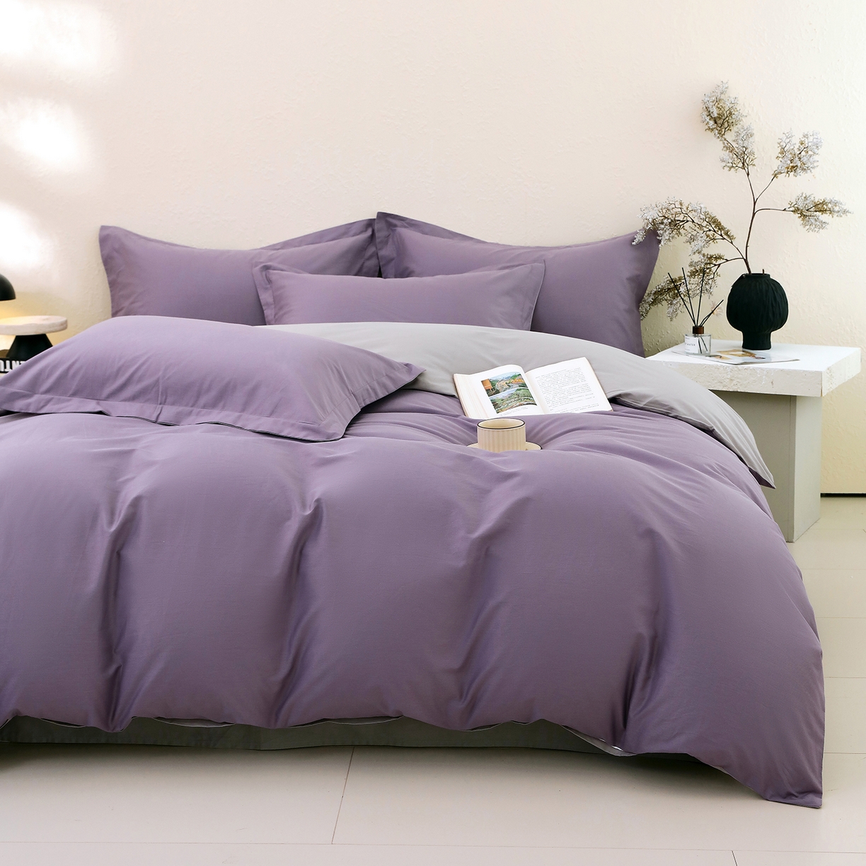 91家纺网 家纺一手货源 找家纺 小懒猪 2026新款13372A类双拼纯色全棉纯棉四件套 罗兰紫-椰子灰