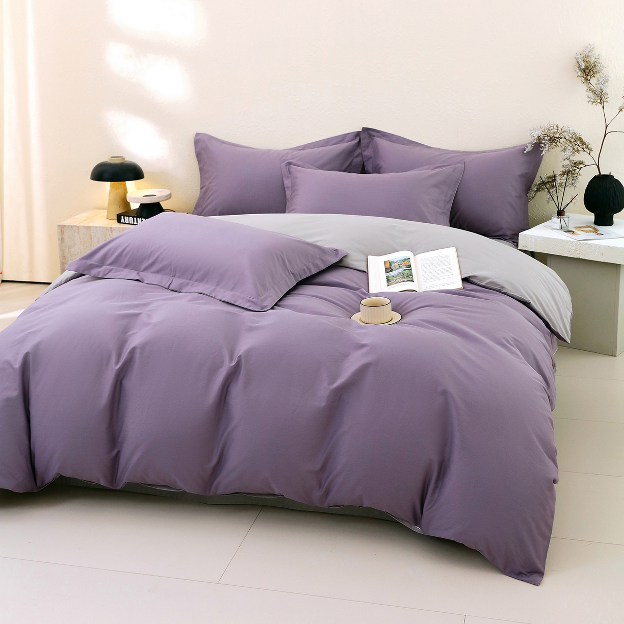 91家纺网 家纺一手货源 找家纺 小懒猪 2026新款13372A类双拼纯色全棉纯棉四件套 罗兰紫-椰子灰