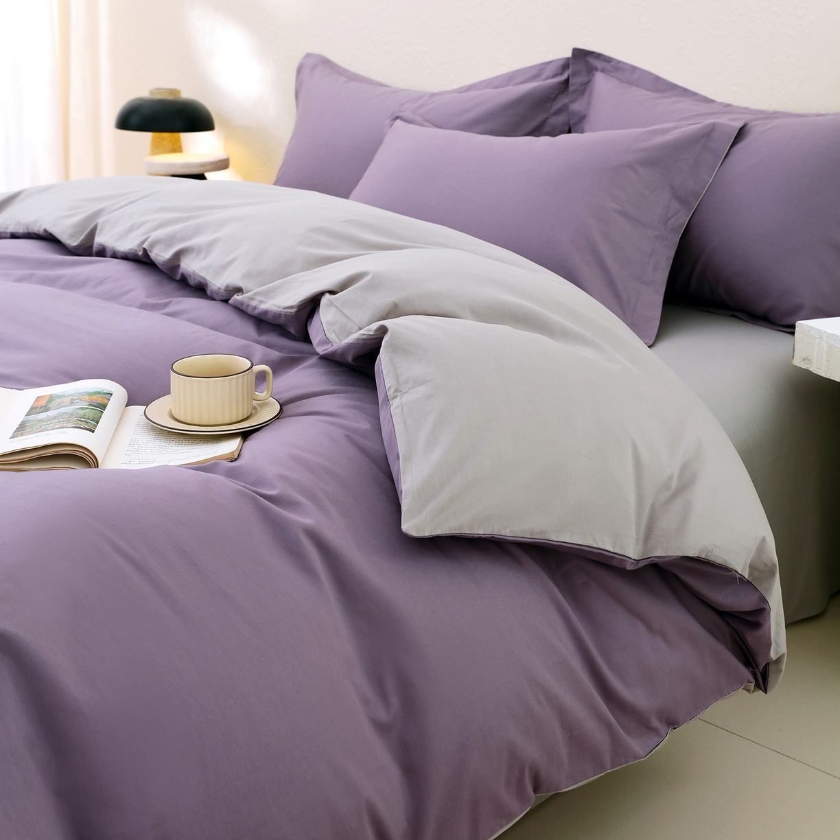 91家纺网 家纺一手货源 找家纺 小懒猪 2026新款13372A类双拼纯色全棉纯棉四件套 罗兰紫-椰子灰