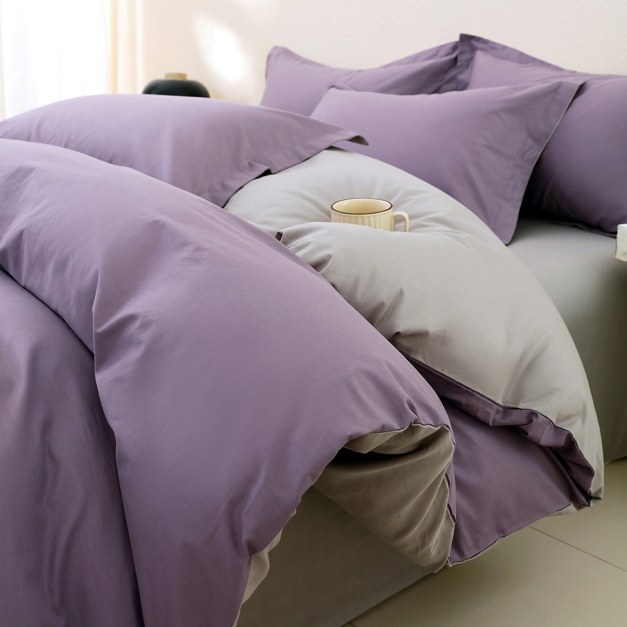 91家纺网 家纺一手货源 找家纺 小懒猪 2026新款13372A类双拼纯色全棉纯棉四件套 罗兰紫-椰子灰