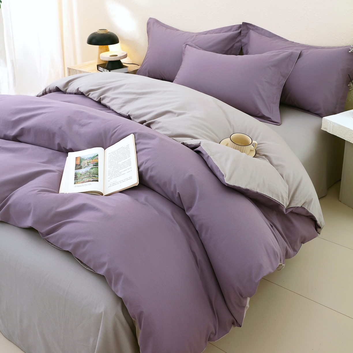 91家纺网 家纺一手货源 找家纺 小懒猪 2026新款13372A类双拼纯色全棉纯棉四件套 罗兰紫-椰子灰