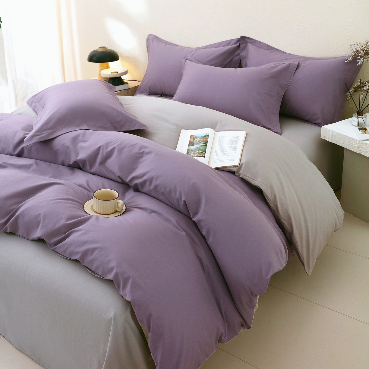 91家纺网 家纺一手货源 找家纺 小懒猪 2026新款13372A类双拼纯色全棉纯棉四件套 罗兰紫-椰子灰