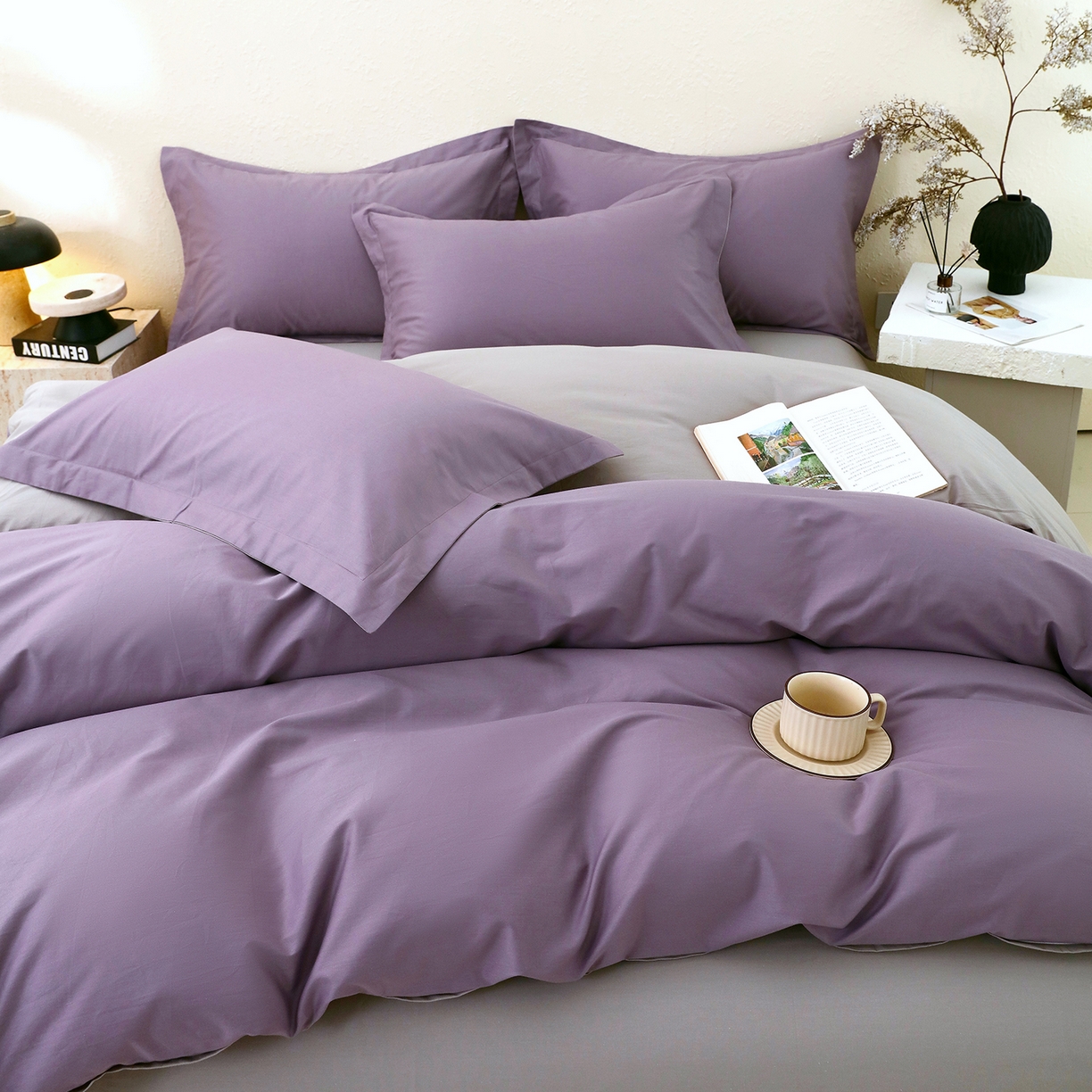 91家纺网 家纺一手货源 找家纺 小懒猪 2026新款13372A类双拼纯色全棉纯棉四件套 罗兰紫-椰子灰