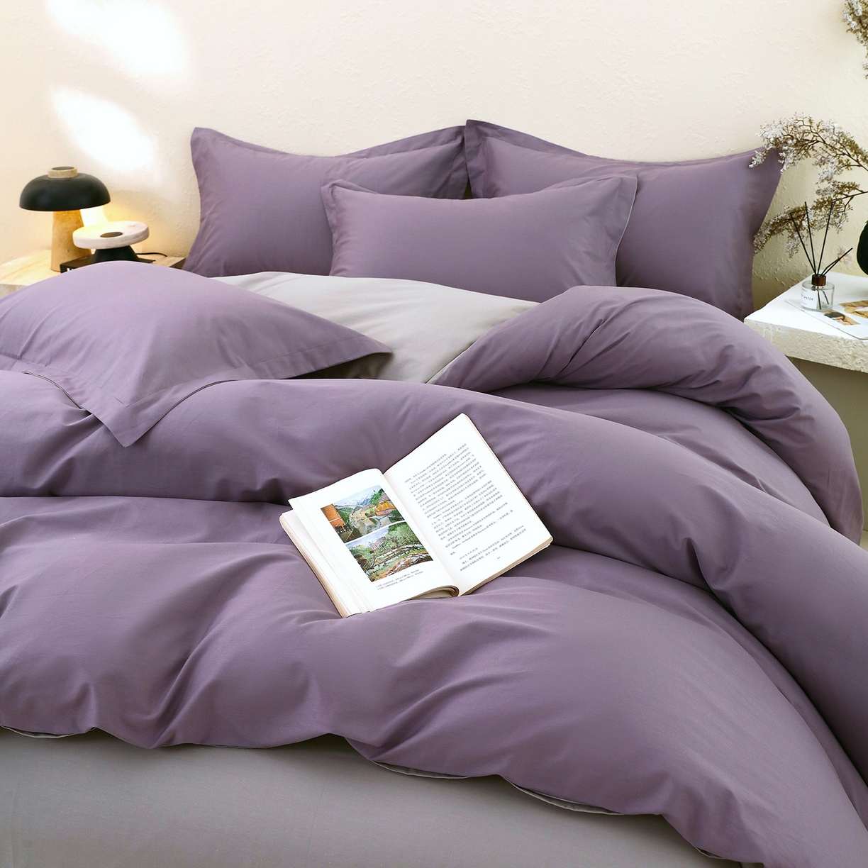 91家纺网 家纺一手货源 找家纺 小懒猪 2026新款13372A类双拼纯色全棉纯棉四件套 罗兰紫-椰子灰