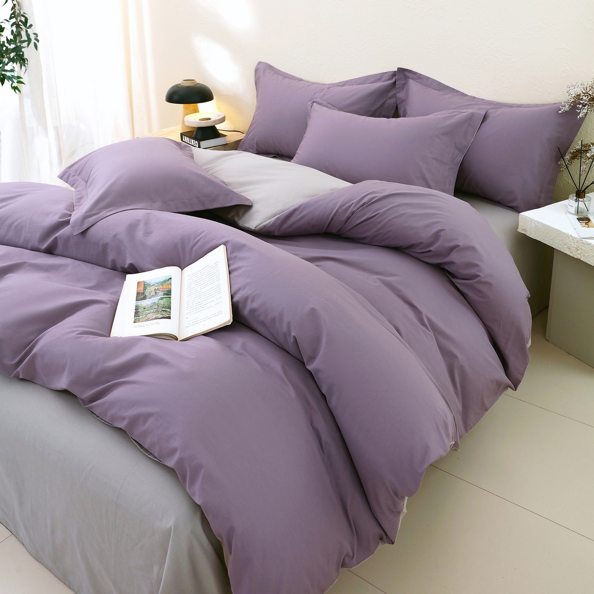 91家纺网 家纺一手货源 找家纺 小懒猪 2026新款13372A类双拼纯色全棉纯棉四件套 罗兰紫-椰子灰