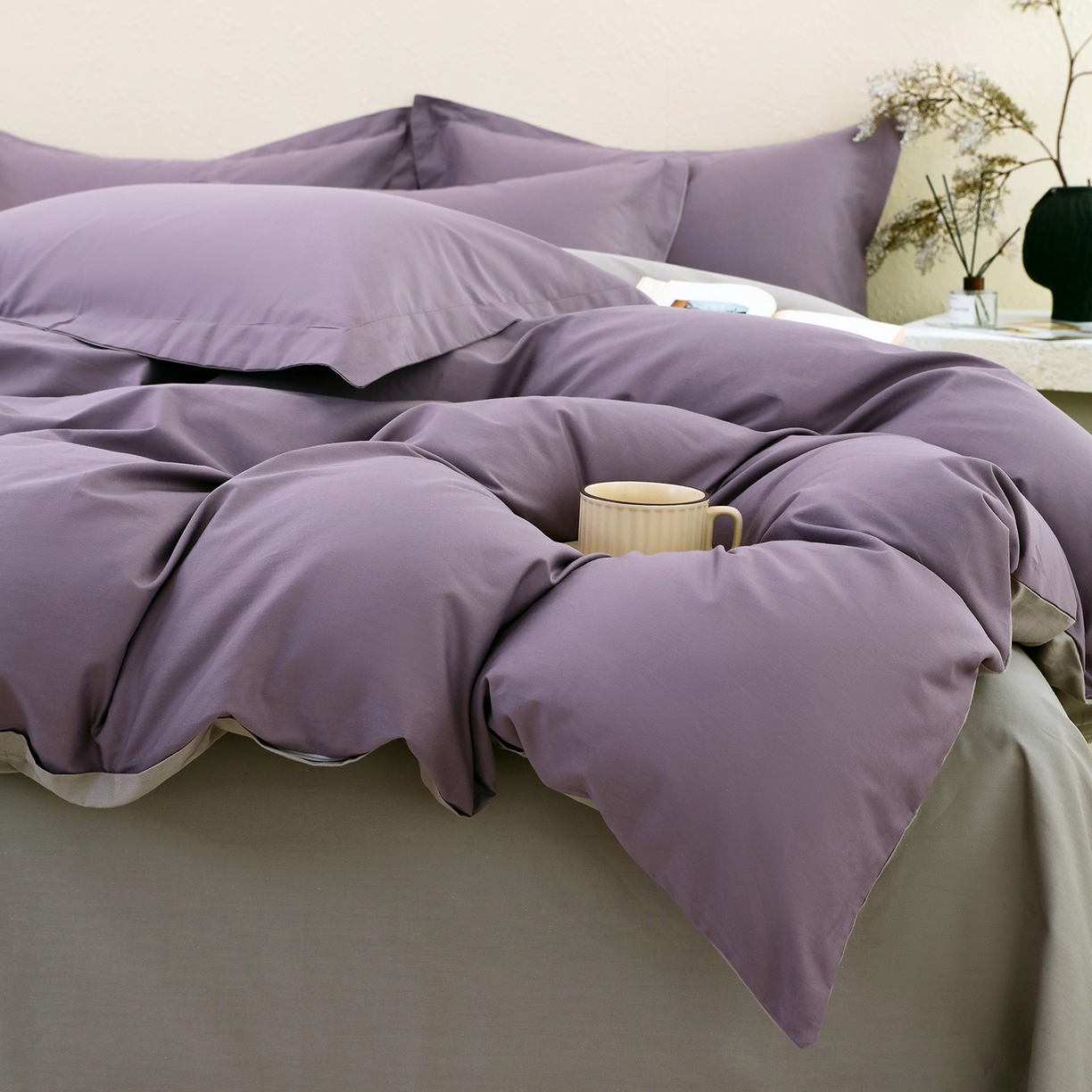 91家纺网 家纺一手货源 找家纺 小懒猪 2026新款13372A类双拼纯色全棉纯棉四件套 罗兰紫-椰子灰