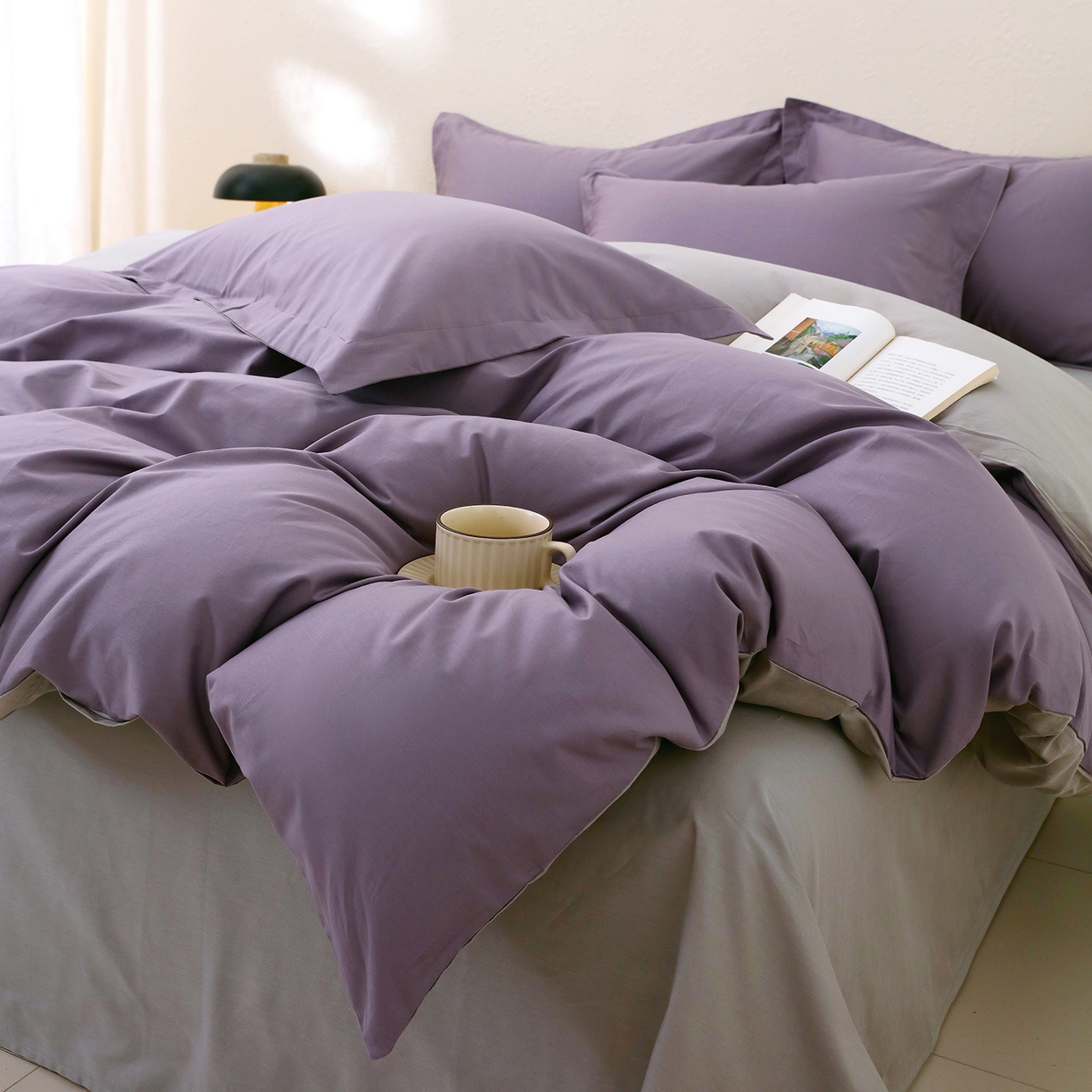 91家纺网 家纺一手货源 找家纺 小懒猪 2026新款13372A类双拼纯色全棉纯棉四件套 罗兰紫-椰子灰