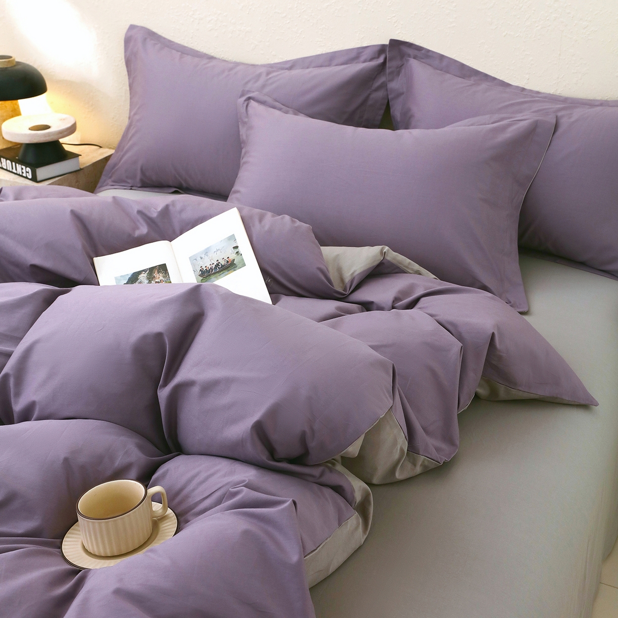 91家纺网 家纺一手货源 找家纺 小懒猪 2026新款13372A类双拼纯色全棉纯棉四件套 罗兰紫-椰子灰