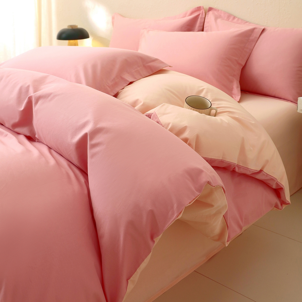 小懒猪 2026新款13372A类双拼纯色全棉纯棉四件套 蜜豆粉-白桃粉