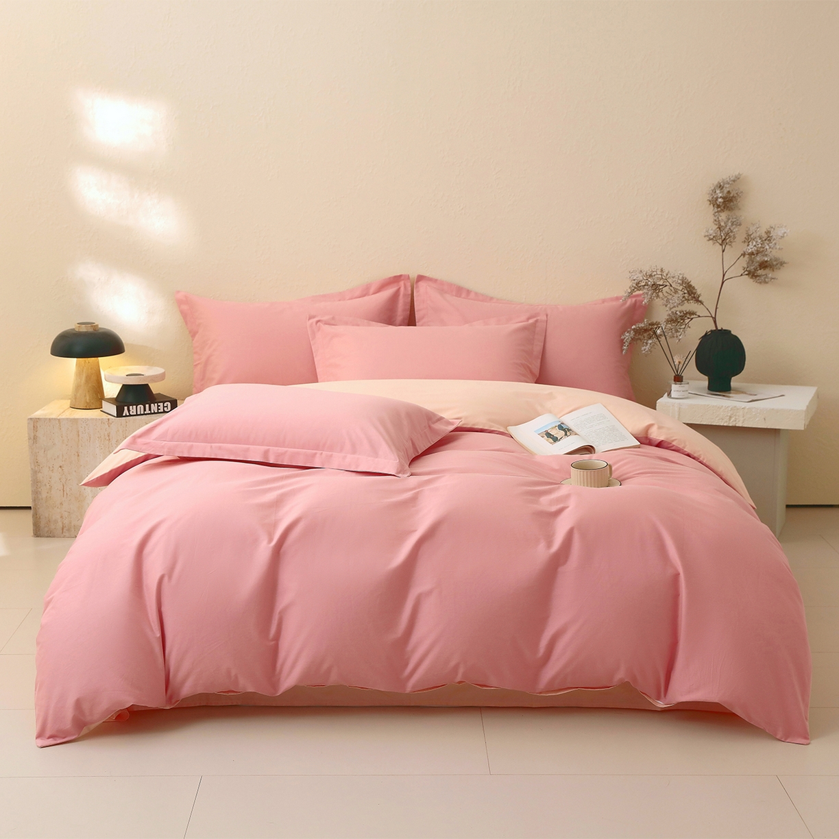 91家纺网 家纺一手货源 找家纺 小懒猪 2026新款13372A类双拼纯色全棉纯棉四件套 蜜豆粉-白桃粉