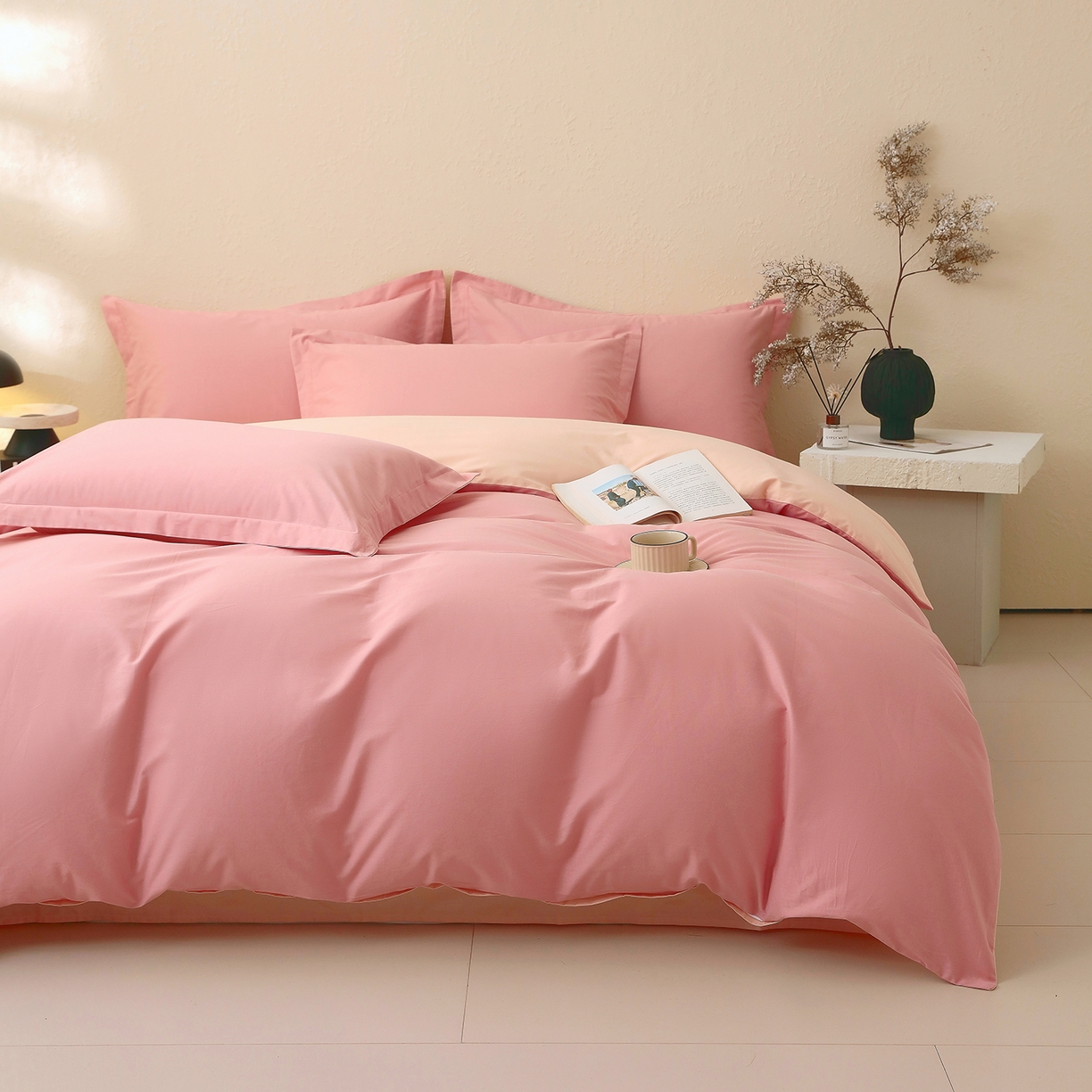 91家纺网 家纺一手货源 找家纺 小懒猪 2026新款13372A类双拼纯色全棉纯棉四件套 蜜豆粉-白桃粉