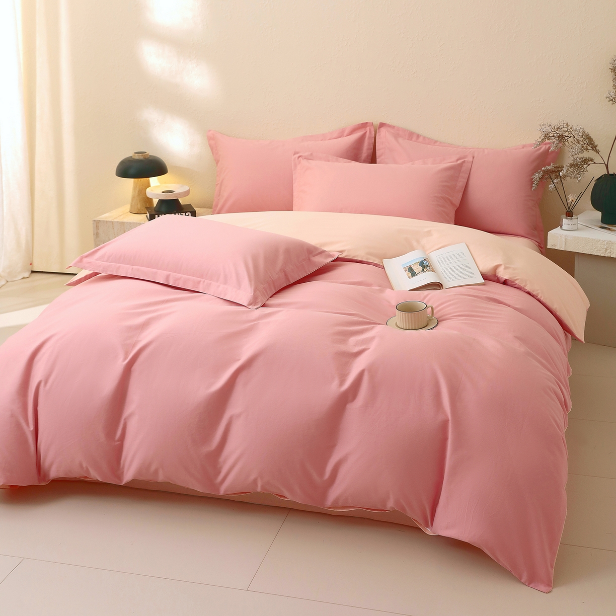 91家纺网 家纺一手货源 找家纺 小懒猪 2026新款13372A类双拼纯色全棉纯棉四件套 蜜豆粉-白桃粉