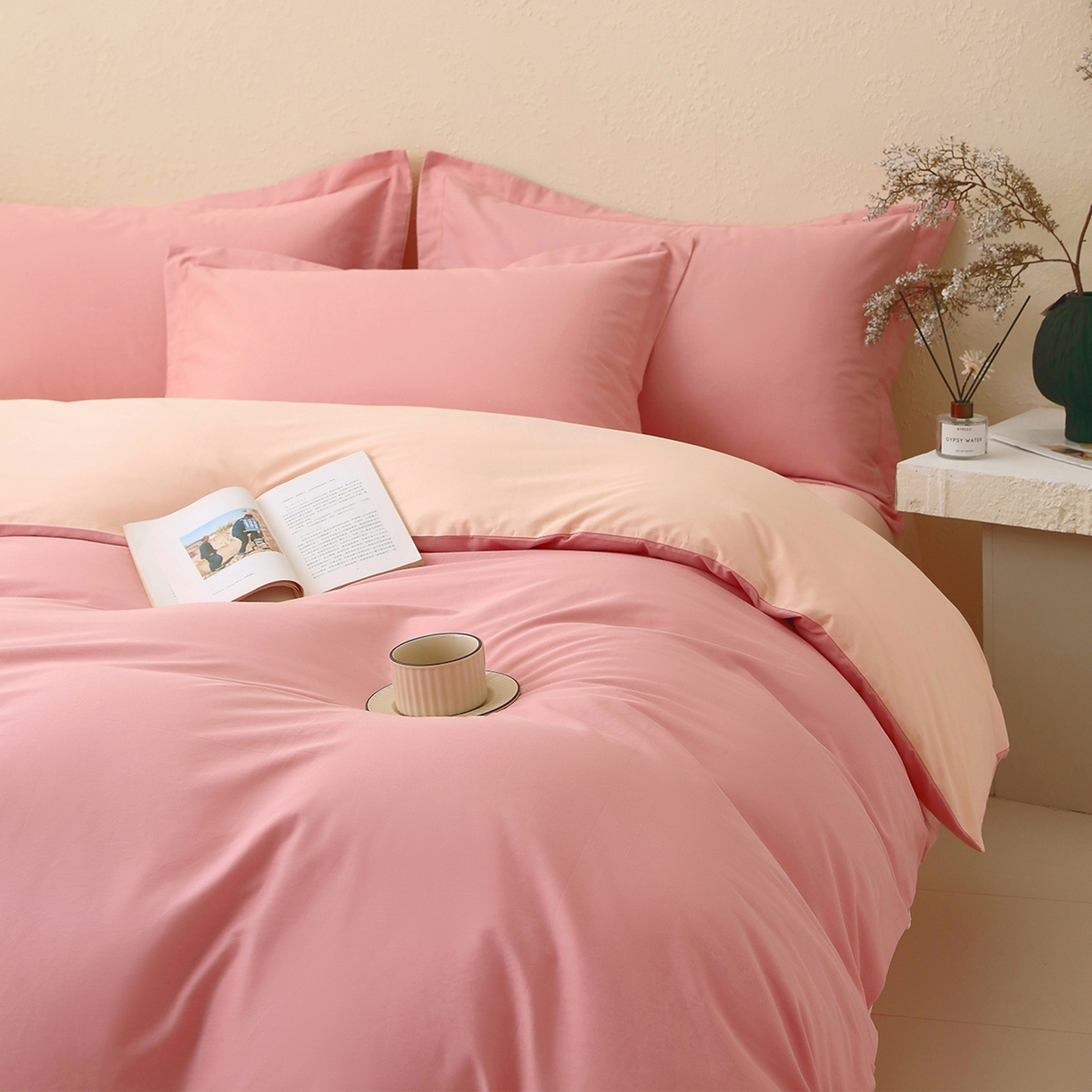 91家纺网 家纺一手货源 找家纺 小懒猪 2026新款13372A类双拼纯色全棉纯棉四件套 蜜豆粉-白桃粉