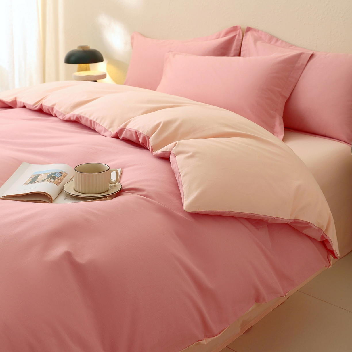 91家纺网 家纺一手货源 找家纺 小懒猪 2026新款13372A类双拼纯色全棉纯棉四件套 蜜豆粉-白桃粉