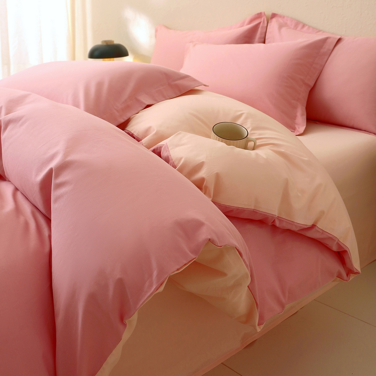 91家纺网 家纺一手货源 找家纺 小懒猪 2026新款13372A类双拼纯色全棉纯棉四件套 蜜豆粉-白桃粉