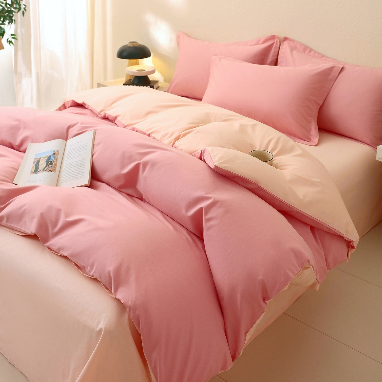 91家纺网 家纺一手货源 找家纺 小懒猪 2026新款13372A类双拼纯色全棉纯棉四件套 蜜豆粉-白桃粉