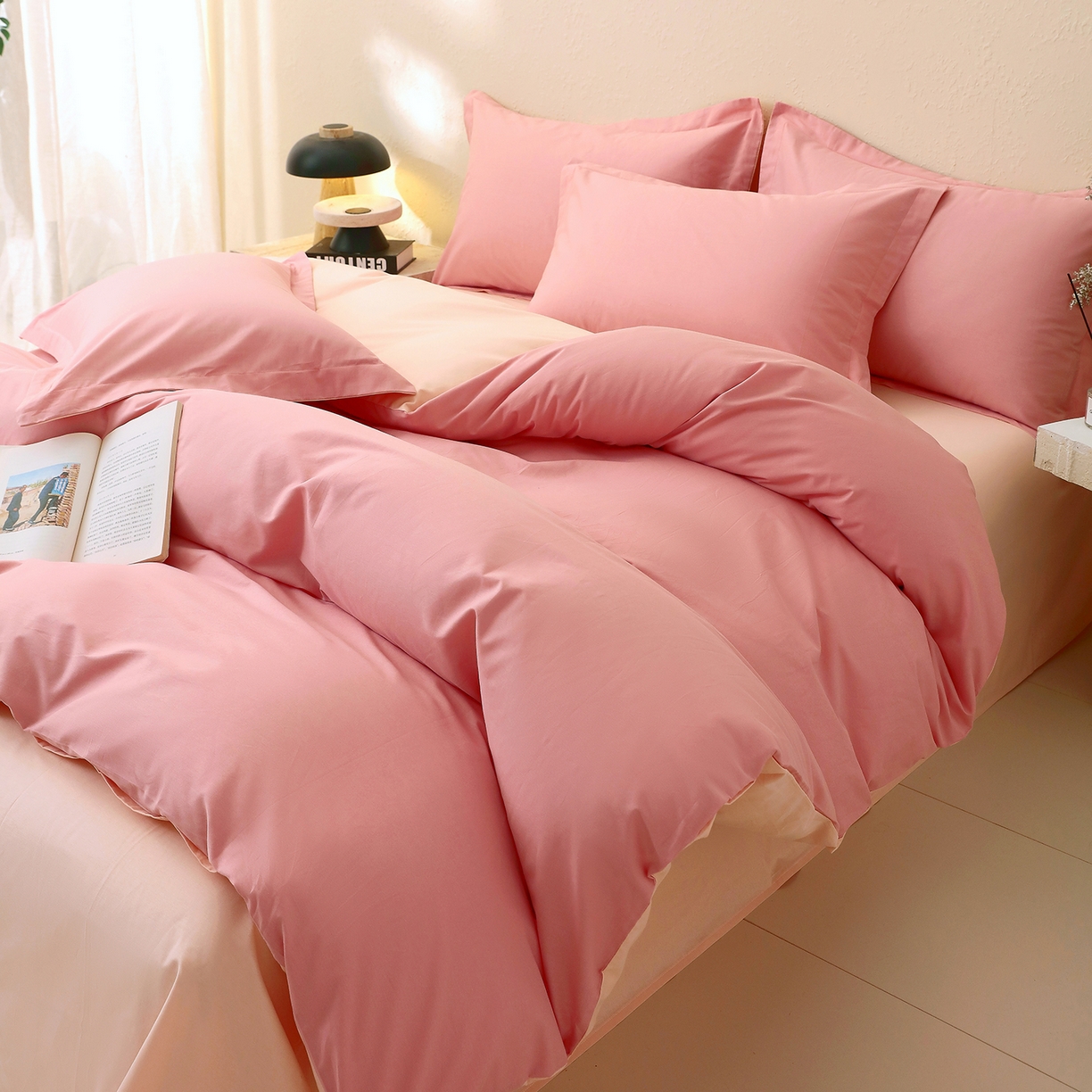 91家纺网 家纺一手货源 找家纺 小懒猪 2026新款13372A类双拼纯色全棉纯棉四件套 蜜豆粉-白桃粉