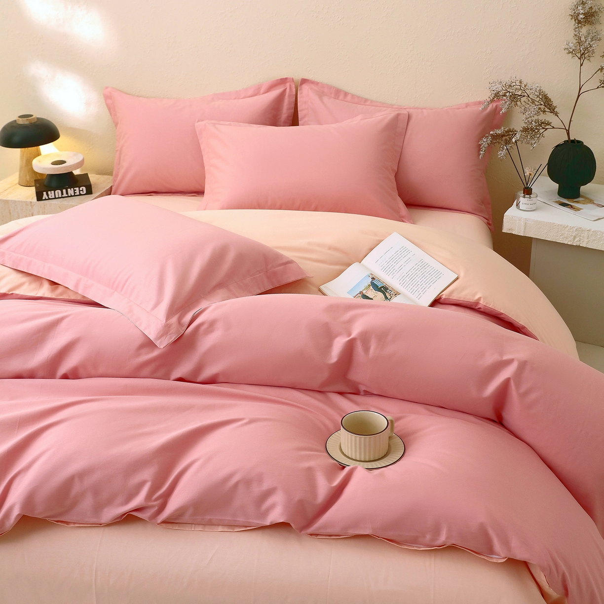 91家纺网 家纺一手货源 找家纺 小懒猪 2026新款13372A类双拼纯色全棉纯棉四件套 蜜豆粉-白桃粉