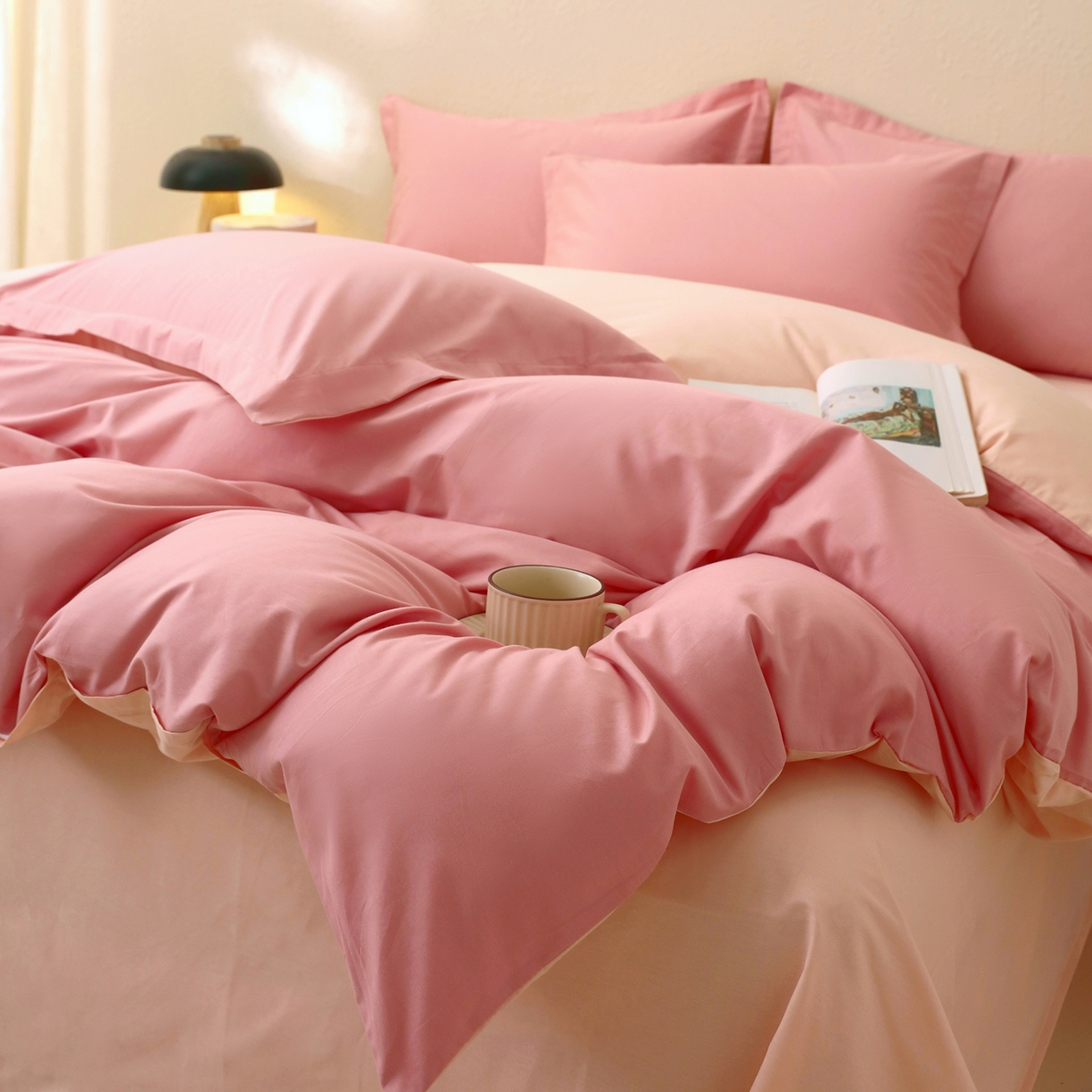 91家纺网 家纺一手货源 找家纺 小懒猪 2026新款13372A类双拼纯色全棉纯棉四件套 蜜豆粉-白桃粉