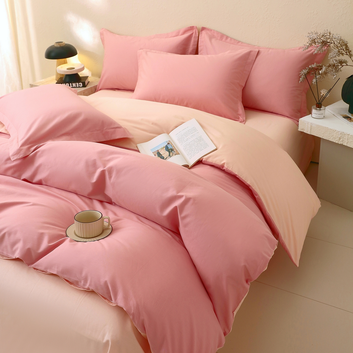 91家纺网 家纺一手货源 找家纺 小懒猪 2026新款13372A类双拼纯色全棉纯棉四件套 蜜豆粉-白桃粉