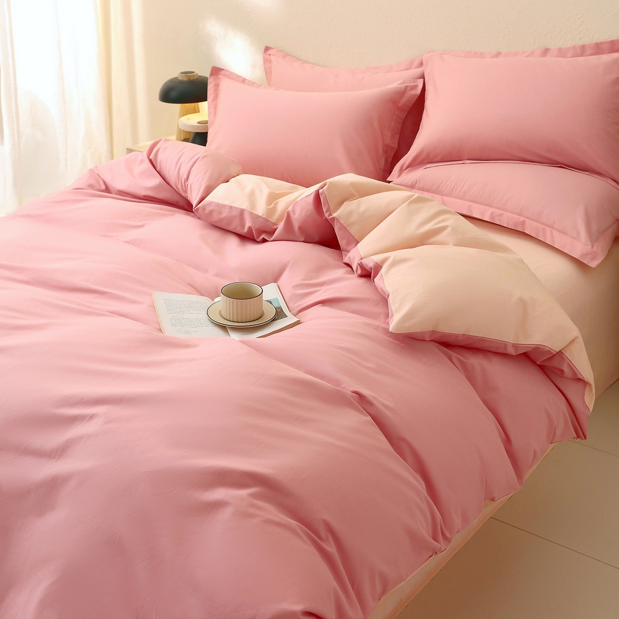 91家纺网 家纺一手货源 找家纺 小懒猪 2026新款13372A类双拼纯色全棉纯棉四件套 蜜豆粉-白桃粉