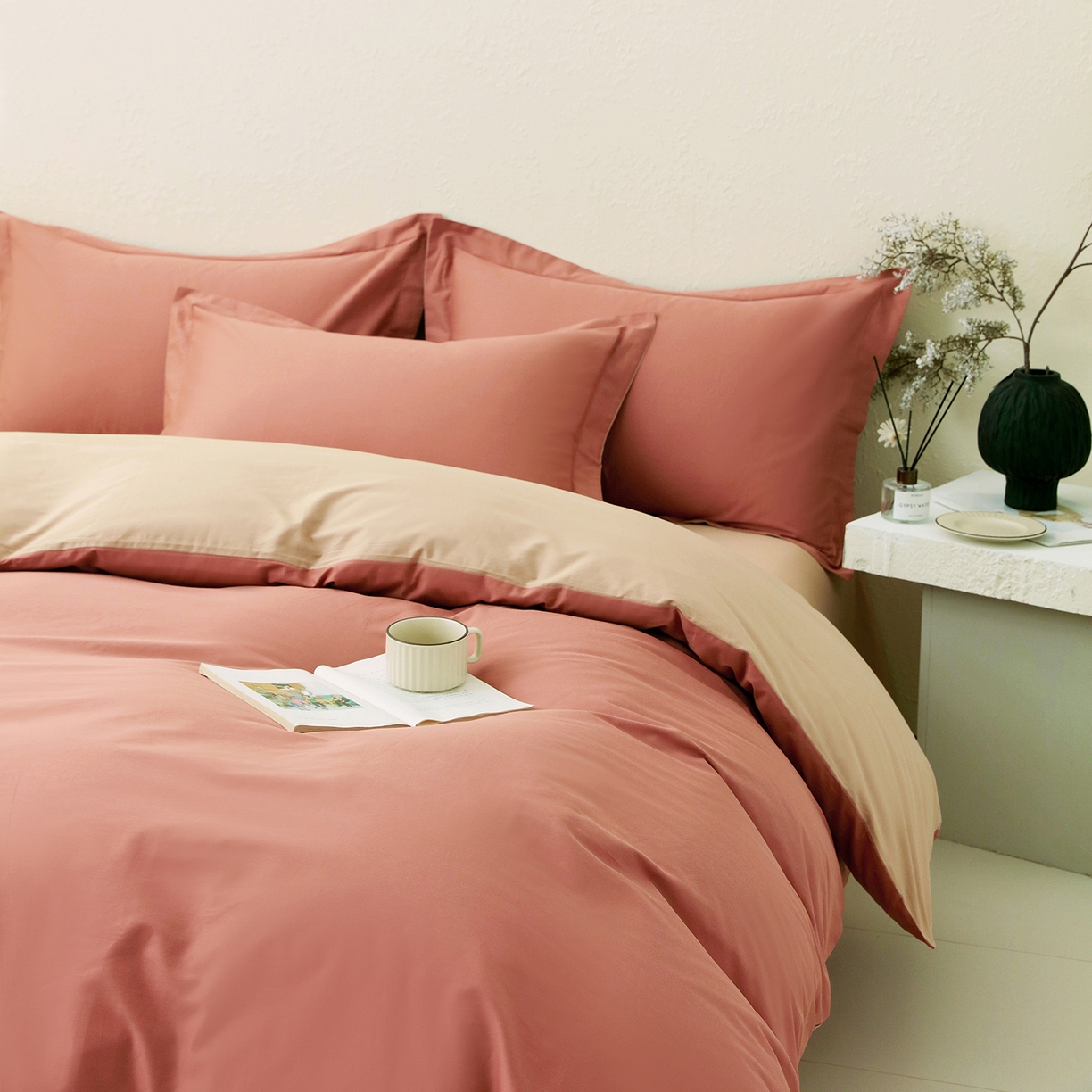 91家纺网 家纺一手货源 找家纺 小懒猪 2026新款13372A类双拼纯色全棉纯棉四件套 蜜棕红-茶棕