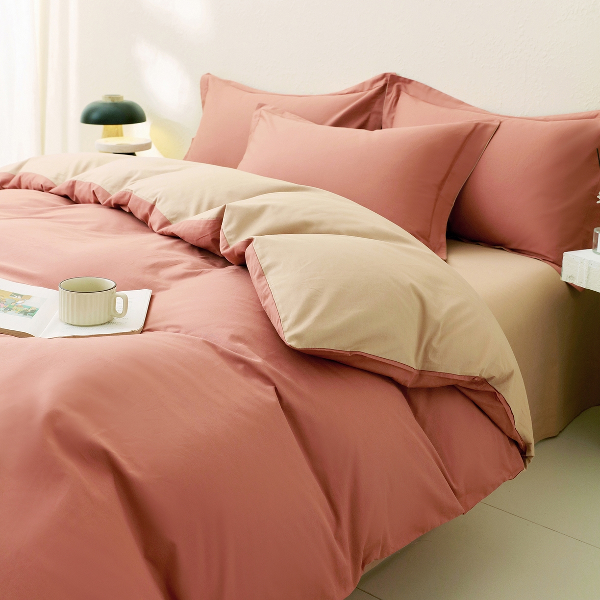 91家纺网 家纺一手货源 找家纺 小懒猪 2026新款13372A类双拼纯色全棉纯棉四件套 蜜棕红-茶棕