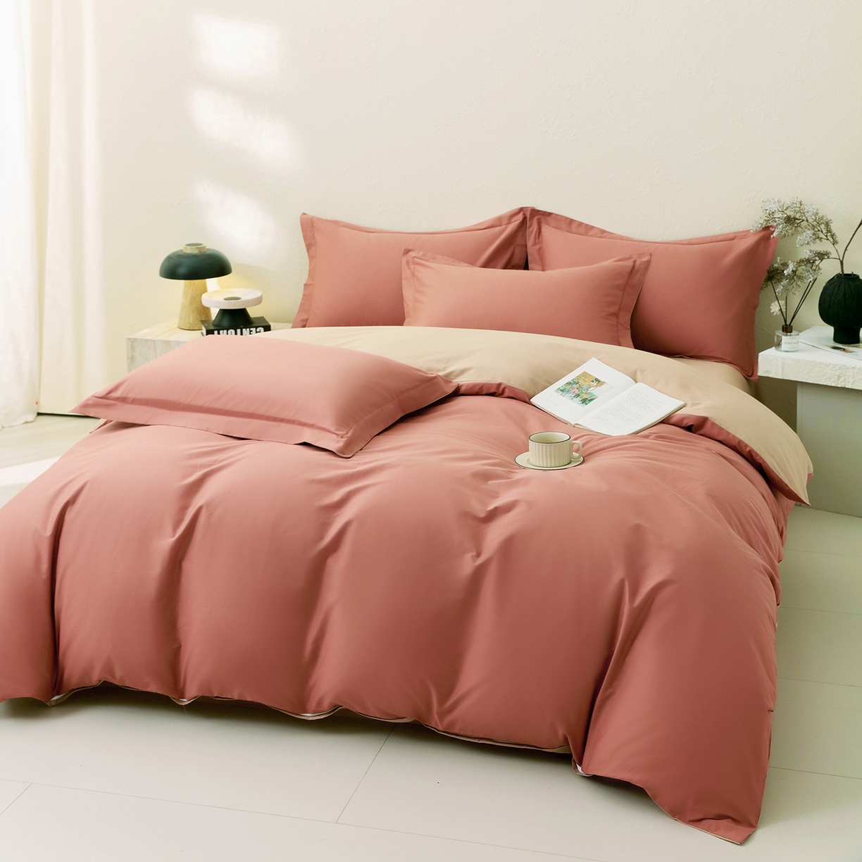 91家纺网 家纺一手货源 找家纺 小懒猪 2026新款13372A类双拼纯色全棉纯棉四件套 蜜棕红-茶棕