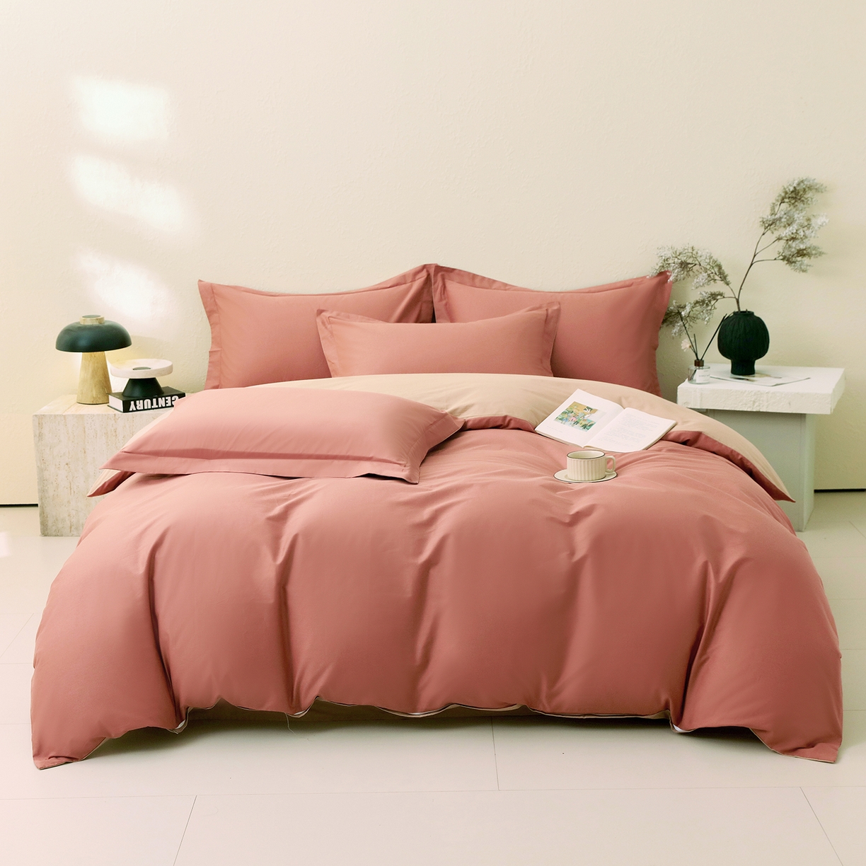 91家纺网 家纺一手货源 找家纺 小懒猪 2026新款13372A类双拼纯色全棉纯棉四件套 蜜棕红-茶棕