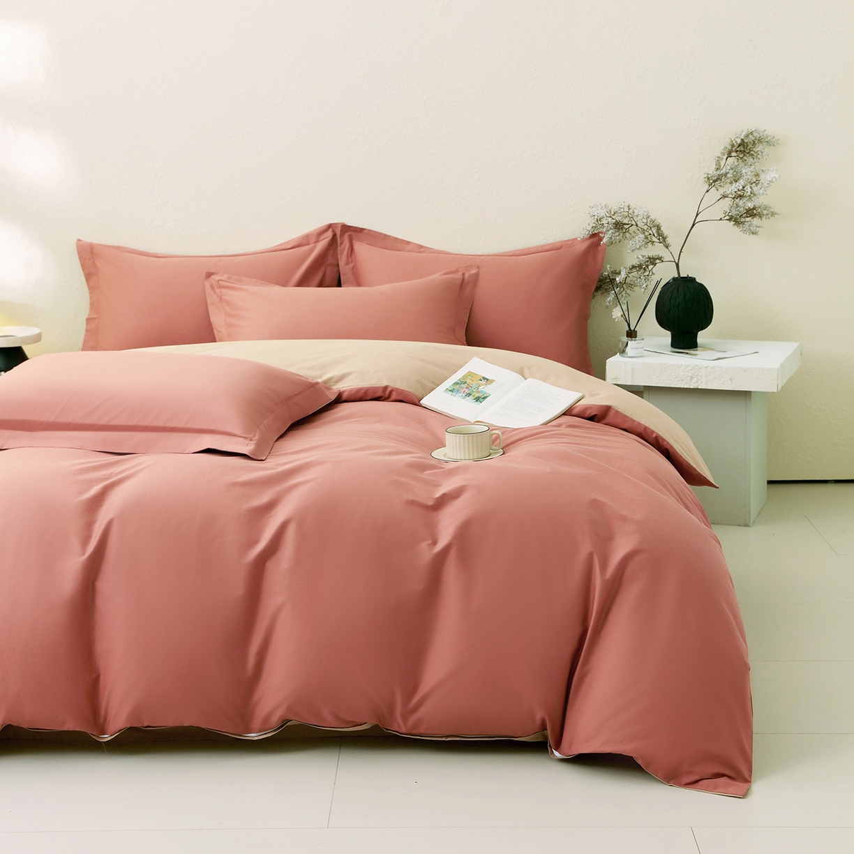 91家纺网 家纺一手货源 找家纺 小懒猪 2026新款13372A类双拼纯色全棉纯棉四件套 蜜棕红-茶棕