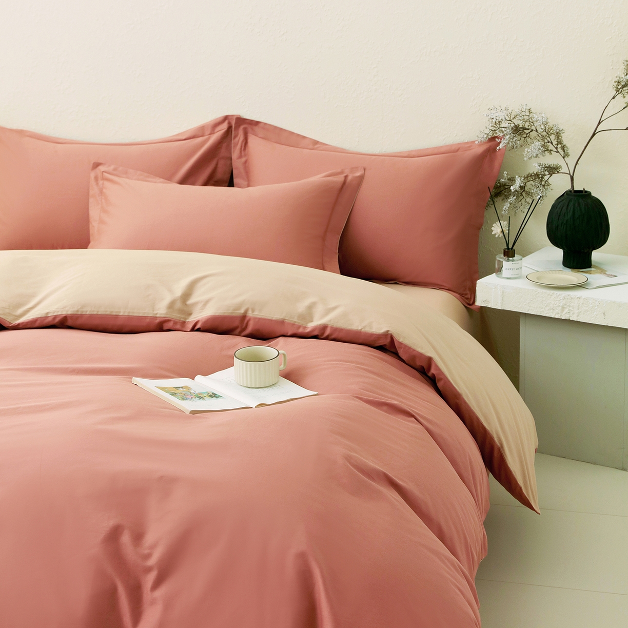 91家纺网 家纺一手货源 找家纺 小懒猪 2026新款13372A类双拼纯色全棉纯棉四件套 蜜棕红-茶棕