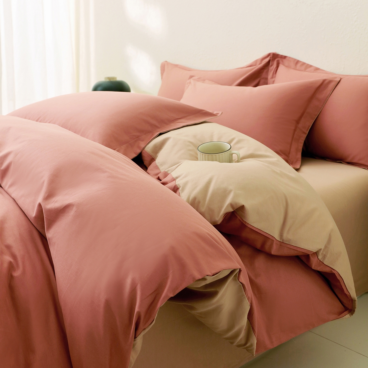 91家纺网 家纺一手货源 找家纺 小懒猪 2026新款13372A类双拼纯色全棉纯棉四件套 蜜棕红-茶棕