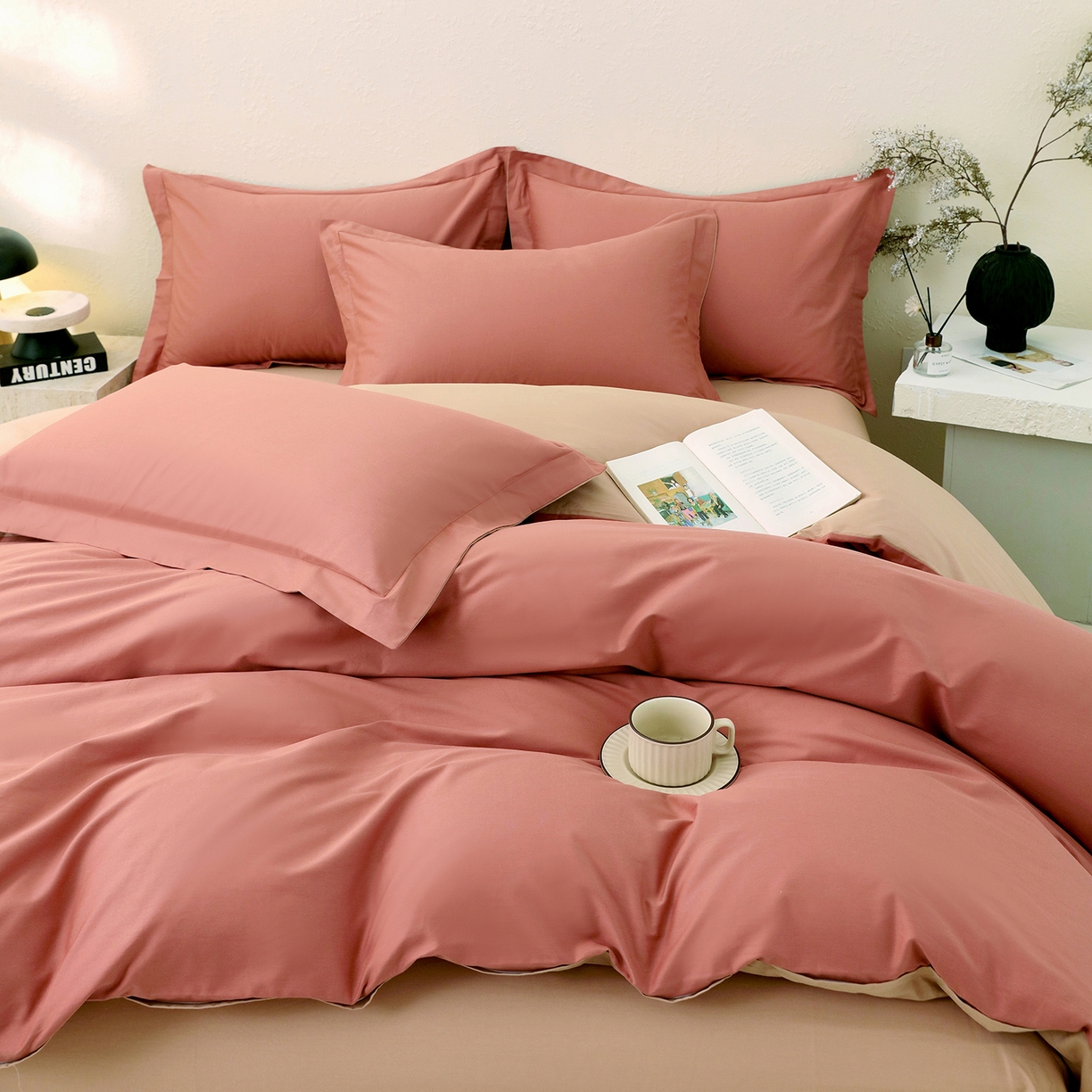 91家纺网 家纺一手货源 找家纺 小懒猪 2026新款13372A类双拼纯色全棉纯棉四件套 蜜棕红-茶棕