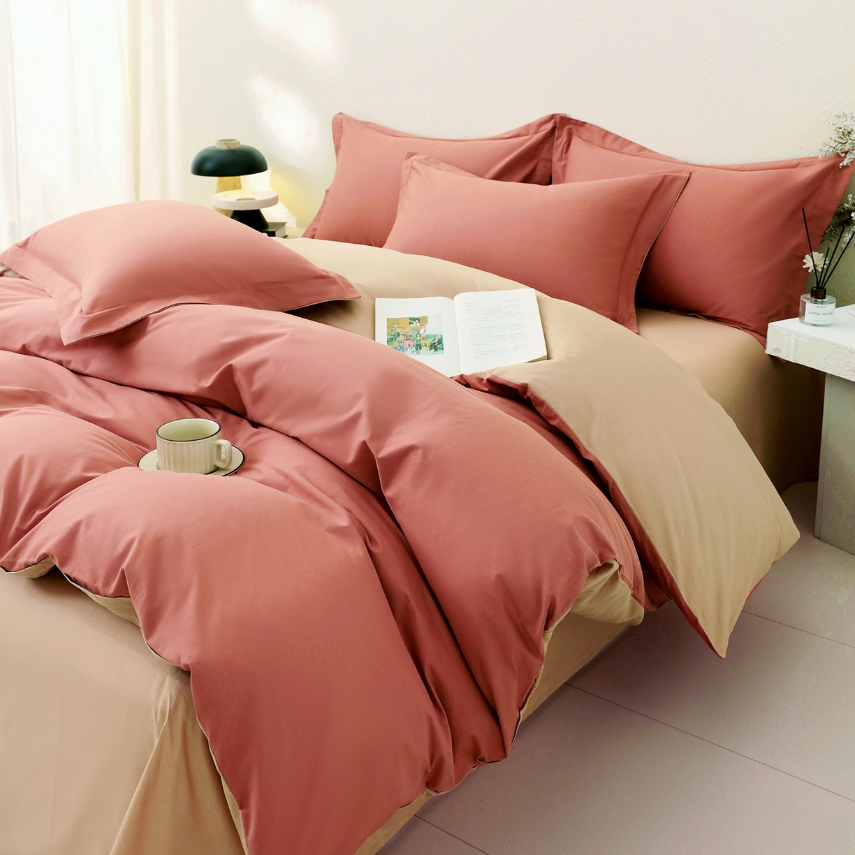 91家纺网 家纺一手货源 找家纺 小懒猪 2026新款13372A类双拼纯色全棉纯棉四件套 蜜棕红-茶棕