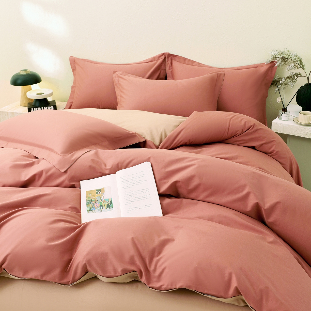 91家纺网 家纺一手货源 找家纺 小懒猪 2026新款13372A类双拼纯色全棉纯棉四件套 蜜棕红-茶棕