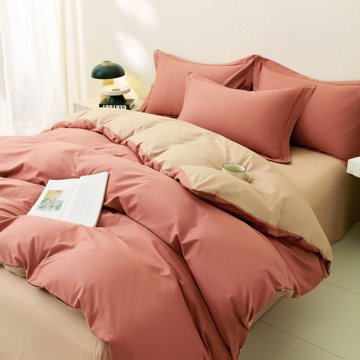 91家纺网 家纺一手货源 找家纺 小懒猪 2026新款13372A类双拼纯色全棉纯棉四件套 蜜棕红-茶棕