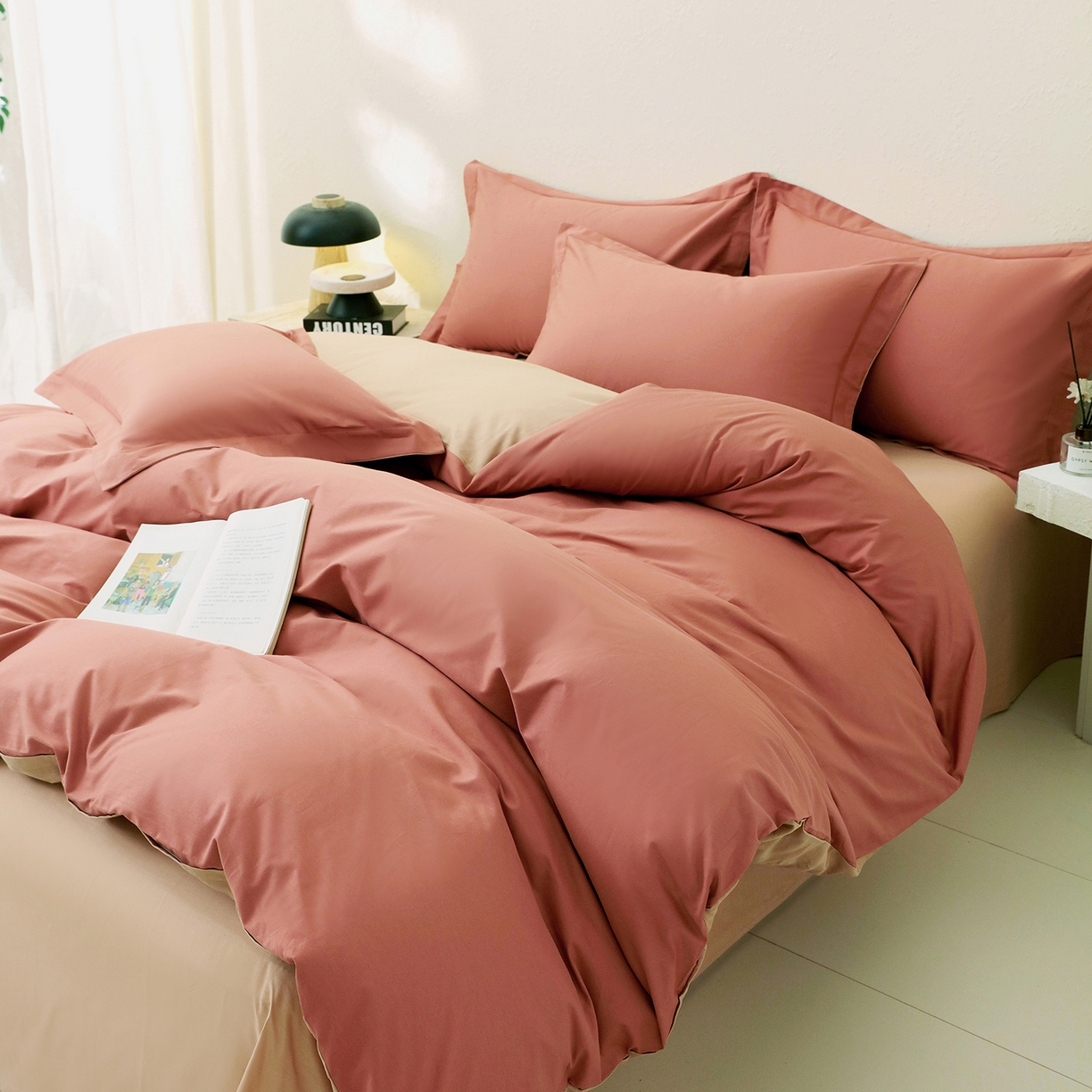 91家纺网 家纺一手货源 找家纺 小懒猪 2026新款13372A类双拼纯色全棉纯棉四件套 蜜棕红-茶棕