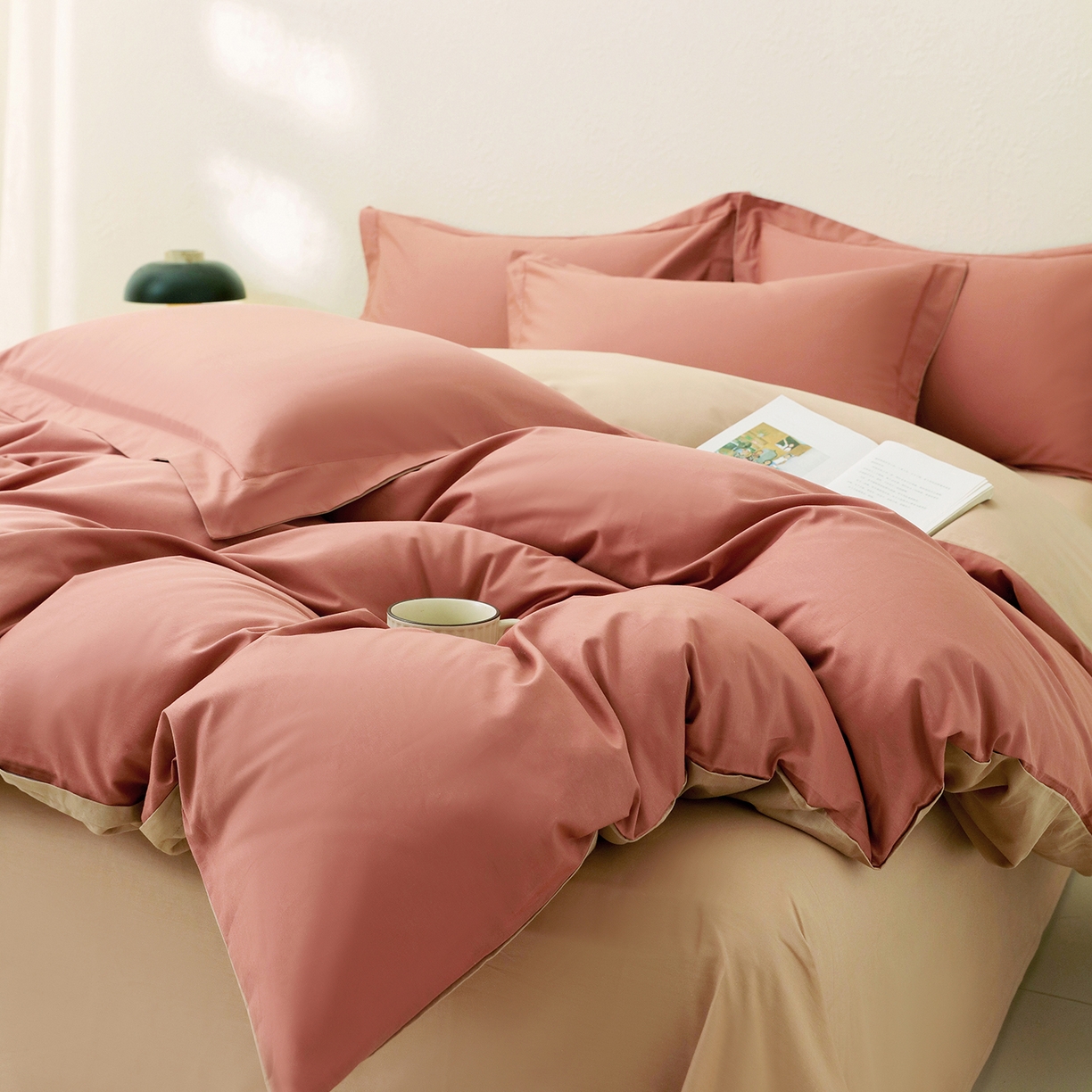 91家纺网 家纺一手货源 找家纺 小懒猪 2026新款13372A类双拼纯色全棉纯棉四件套 蜜棕红-茶棕