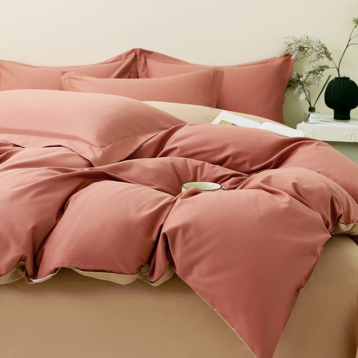 91家纺网 家纺一手货源 找家纺 小懒猪 2026新款13372A类双拼纯色全棉纯棉四件套 蜜棕红-茶棕