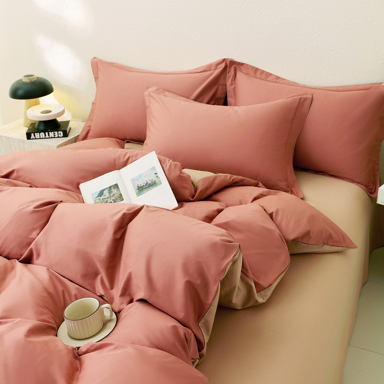 91家纺网 家纺一手货源 找家纺 小懒猪 2026新款13372A类双拼纯色全棉纯棉四件套 蜜棕红-茶棕