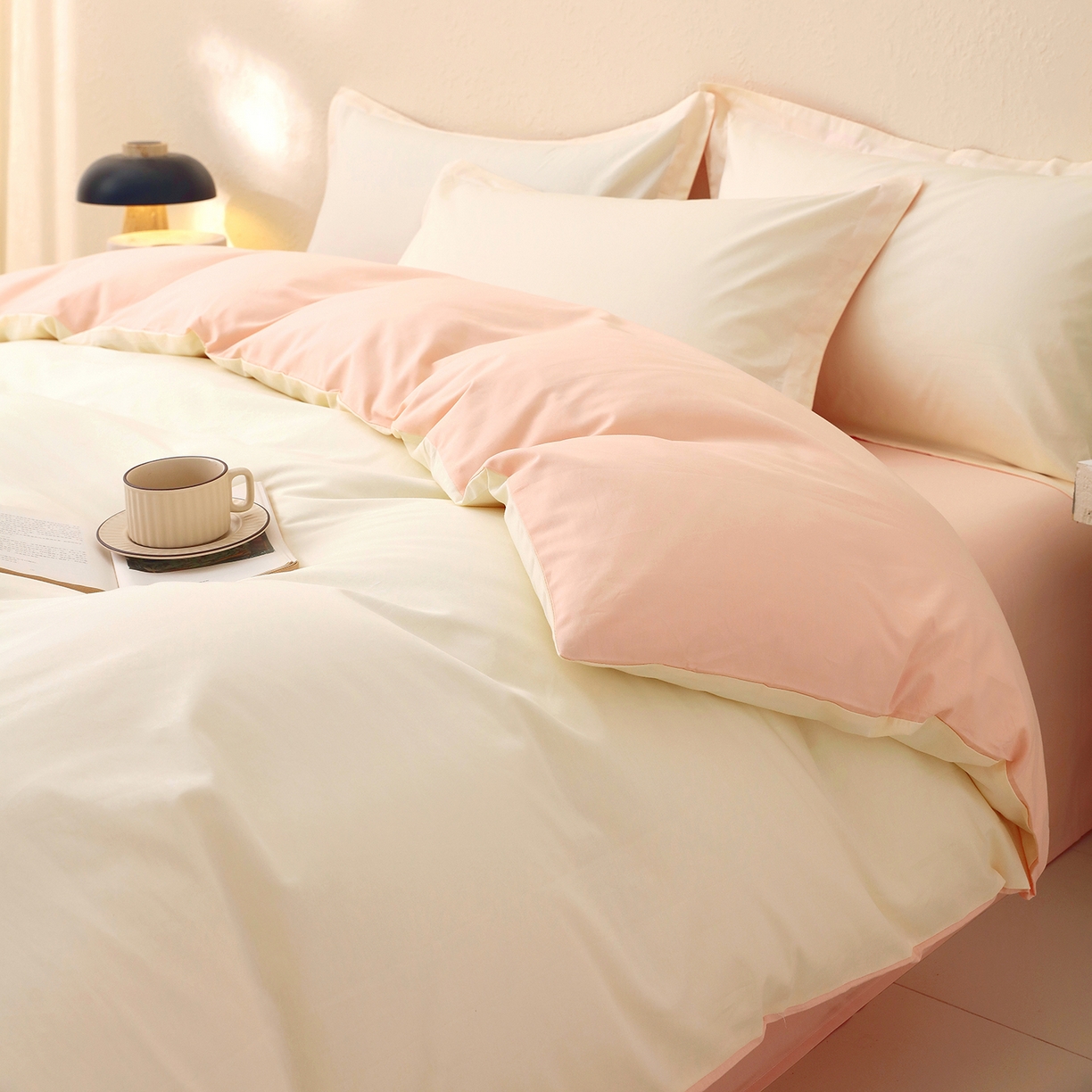 91家纺网 家纺一手货源 找家纺 小懒猪 2026新款13372A类双拼纯色全棉纯棉四件套 奶昔白-白桃粉