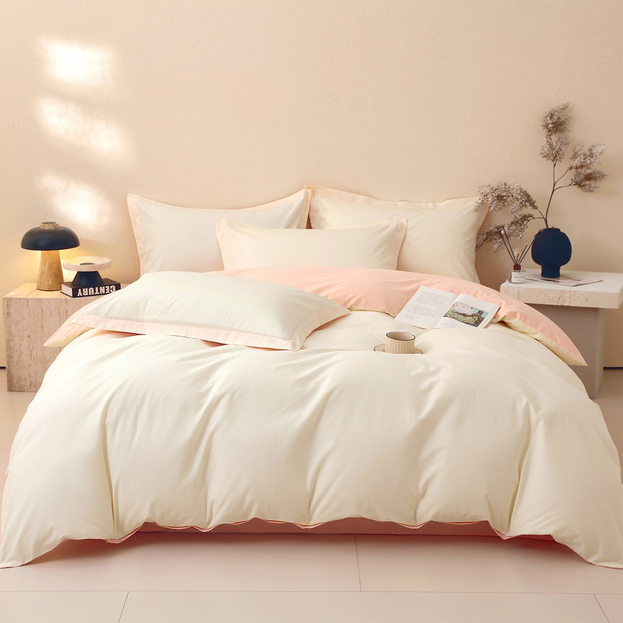 91家纺网 家纺一手货源 找家纺 小懒猪 2026新款13372A类双拼纯色全棉纯棉四件套 奶昔白-白桃粉