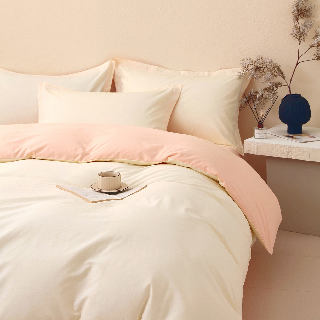 91家纺网 家纺一手货源 找家纺 小懒猪 2026新款13372A类双拼纯色全棉纯棉四件套 奶昔白-白桃粉