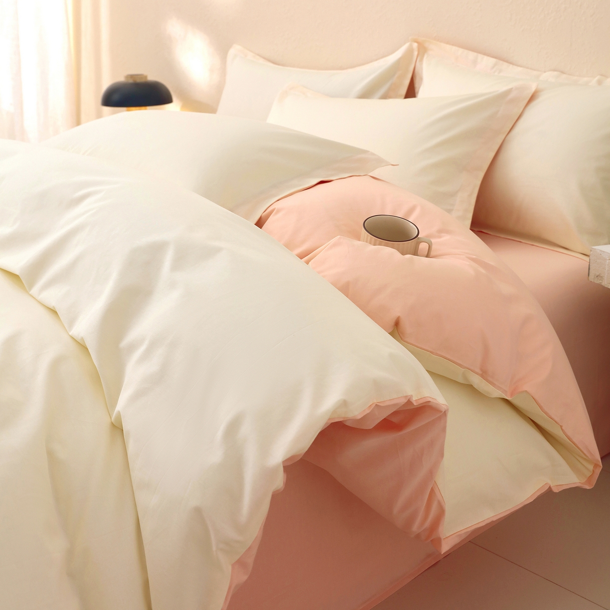 91家纺网 家纺一手货源 找家纺 小懒猪 2026新款13372A类双拼纯色全棉纯棉四件套 奶昔白-白桃粉